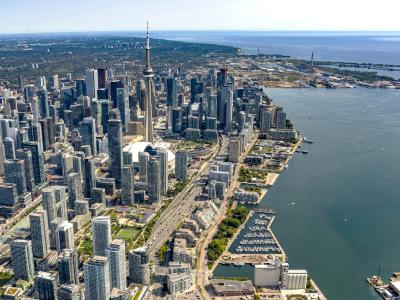 Aerial view of Toronto's waterfront looking east