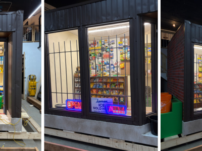 A collage of three images showing a floating artwork that resembles a convenience store