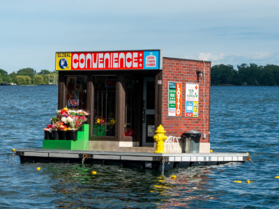 A floating convenience store artwork stocked with flowers and everyday items sits on the water in daylight, featuring a bright “Convenience” sign, an “ATM” sign, and a yellow fire hydrant on the platform.
