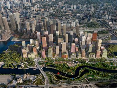 Aerial view of artist rendering showing a new island community on Toronto's waterfront with a winding river., green space, and developments.