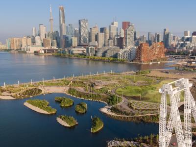 Aerial perspective of Toronto's waterfront and skyline from Biidaasige Park