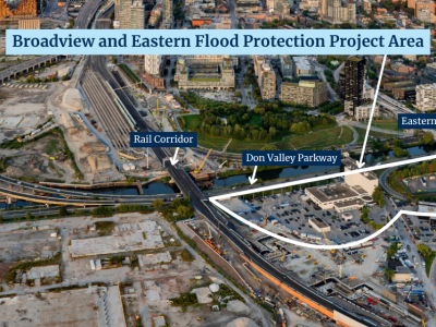 An aerial photo of the project area showing the approximate project Broadview and Eastern Flood Protection Project Area boundaries on the east side of the Don River, north of the rail corridor and south of Eastern Avenue.