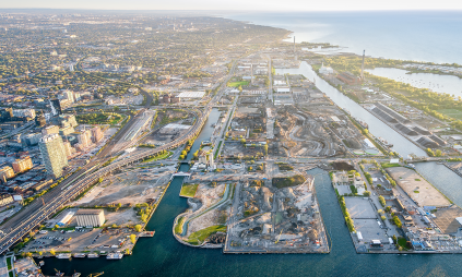 aerial view of the port lands looking east