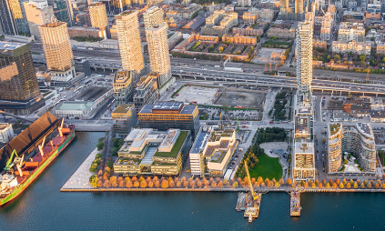 aerial view of east bayfront sugar beach, corus building and george brown college