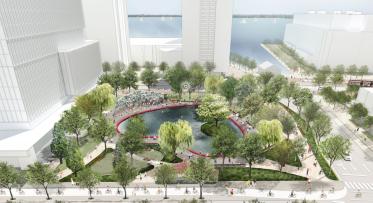 an artist rendering showing a bird's eye view of Love Park