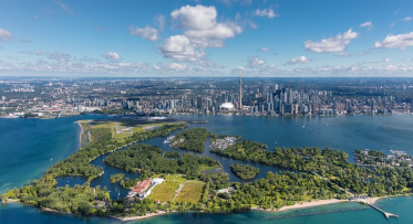 aerial image of Toronto waterfront looking north over the Toronto Islands