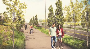 Looking west from the future park entrance on the south side of a rebuilt Commissioners Street