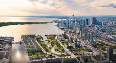 aerial view of the city and rendering shows future waterfront art trail