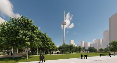 Rendering showing open green space in an urban park with the CN Tower in the background