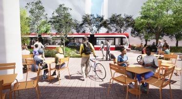 rendering of people sitting at tables outdoors next to a light rail line 