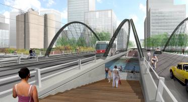 rendering of a pedestrian bridge and street
