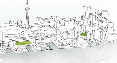 illustration of a the waterfront with two future parks highlighted in green