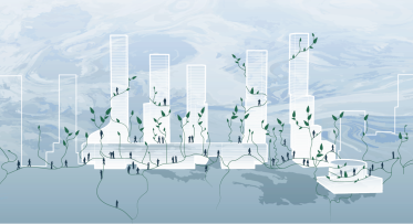 Illustration of buildings connected by green vines