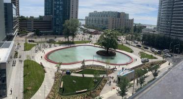 aerial view of an urban park with a large heart shaped pond