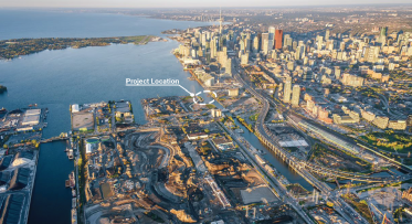 Aerial of Toronto's downtown waterfront with a dashed circle in the center labeled 'Project location'