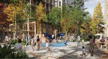 Rendering of a playground surrounded by trees and building in the background. 