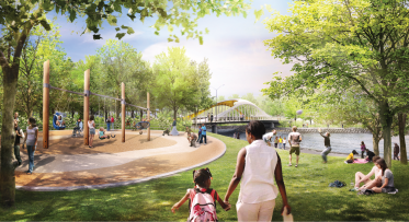 Rendering: a busy park with a curved bridge in the background. 