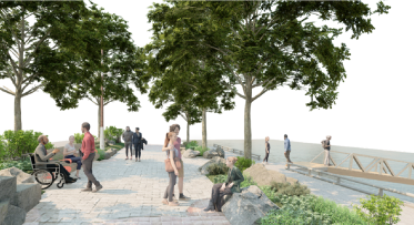 Rendering of people walking along the Water's Edge Promenade