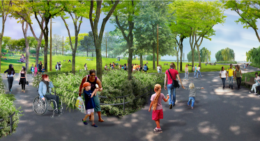 Rendering: people on a tree-lined pathway in a park. 