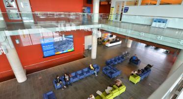 overhead view of the interior of a new college campus and seating area