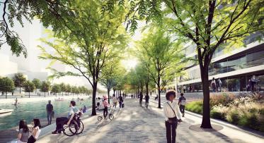 A bustling city promenade beside the water with pedestrians walking and cyclists biking through the urban landscape.