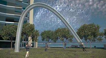 Artist rendering of a large arch as public art in a waterfront park.