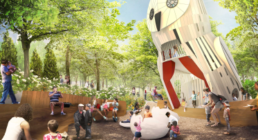 A rendering of a playground with a large owl structure.