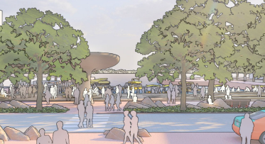 A scenery with trees by the side of a water body flowing horizontally across a street. The place is surrounded by people enjoying the waterfront side. A taxi is parked at the right side of the river. 