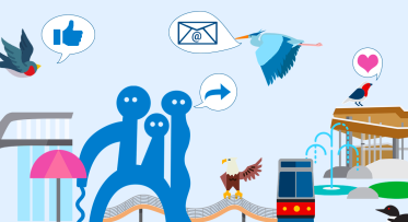 Poster showing birds, thumbs-up icon, an umbrella, heart icon, share button icon, messenger icon, light keeper and water guardians public artworks, transit and road.