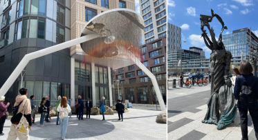 Visitors observing public art, In Equilibrium, with modern buildings in the background, and Garden of Future Follies, with clear sky and buildings in background.