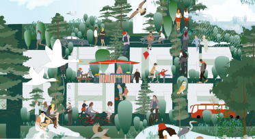 Illustration of a lively green neighborhood with people walking, cycling, playing, shopping, and relaxing among trees, birds, and market stalls, blending nature with community life.