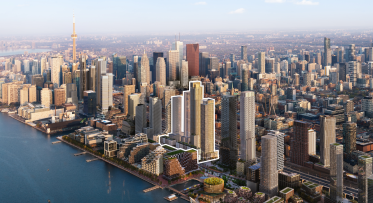 Rendering shows Toronto's downtown skyline along the waterfront on a bright day, highlighting Quayside Phase 1.