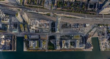 Bird's eye view of Toronto's revitalized East Bayfront neighbourhood in 2025.