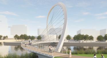 Artist Rendering of Keating Channel Pedestrian Bridge showing people walking by on a bright sunny day.
