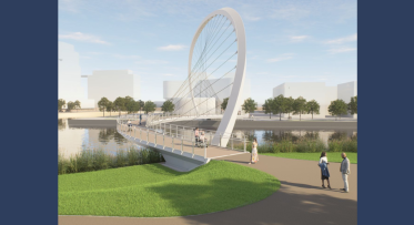 Rendering of Keating Channel Pedestrian Bridge showing people walking by on a bright sunny day.