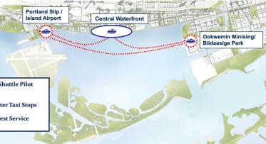 Map of Toronto waterfront showing the New Water Shuttle Pilot Stops at the Portland Slip / Island Airport and Ookwemin Minising / Biidaasige Park. The map also shows the Existing Water Taxi Stops in the Central Waterfront and indicates the New East-West Service route. 