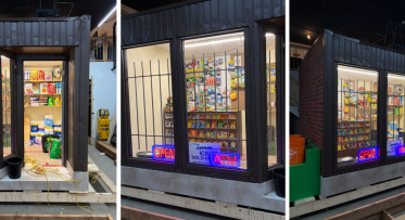 A collage of three images showing a floating artwork that resembles a convenience store