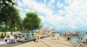 An artists rendering of a boardwalk next to the Water's Edge Promenade