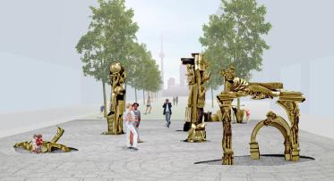 By remixing Toronto’s monuments, artists Hadley+Maxwell will create a series of sculptures that will animate the generous, pedestrian-friendly sidewalk at Front Street East at Bayview Avenue in the West Don Lands.