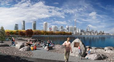 Turning a parking lot on the eastern edge of Ontario Place into an urban park and trail that looks across the water to Toronto’s downtown